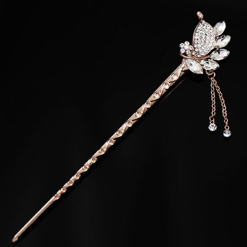 Champagne Czech Rhinestone Leaves Gold Finish Hair Stick w/ Tassels